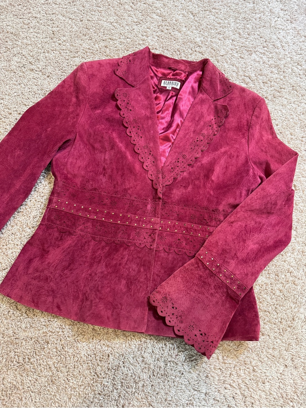 Georgiou Studio Fuchsia Pink Suede Jacket Blazer Scallop Edges Cutout Women 12